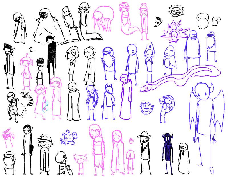 Dorf Quest characters. From left to right: Top row: Rary, Puppet Mouse, Trilbit, Xom's Previous Champion, Jeeves, Lolth, Krann, Moonears, Demonsun (Okami below Demonsun), Sunbeard, Sunson. Second row: Presley, Nana, Thod, Mace, Yami, Bigby, Musclebeard, Shiva, Pelor, Ra, Heracles, Thor (Poseidon under those 4). Third row: Furious George, Cheska, Arialla, Mah-Mee, Coco, Fate, Xom, Xanatos, Nemelex, Glittergold. Bottom row: Beardbeard (British above Beardbeard), Garrelf, Aldwin, Driblis (Yog above Driblis), Lily, Cultist of Xom, Mado, Nevada (Kav above Nevada), Finlay, Djinn, Priest of Xom, Satan.